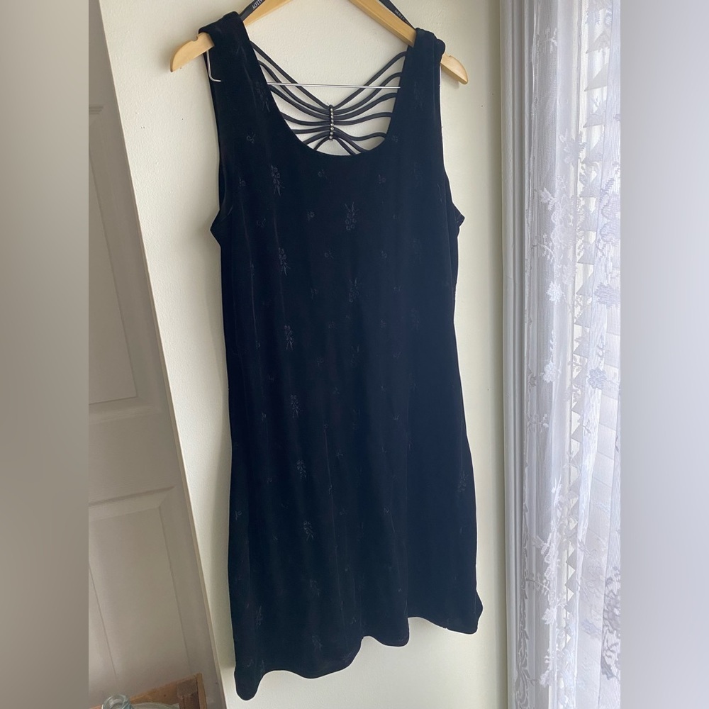 Vintage Black Velvet 90s Dress with Strappy Back Rhinestones Mini Embroidered 14